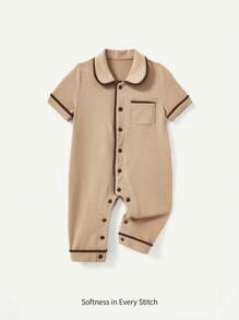 Cozy Pixies Bộ đồ liền thân tay ngắn phối màu cho bé trai sơ sinh có viền tương phản - Màu Khaki - Xem 1