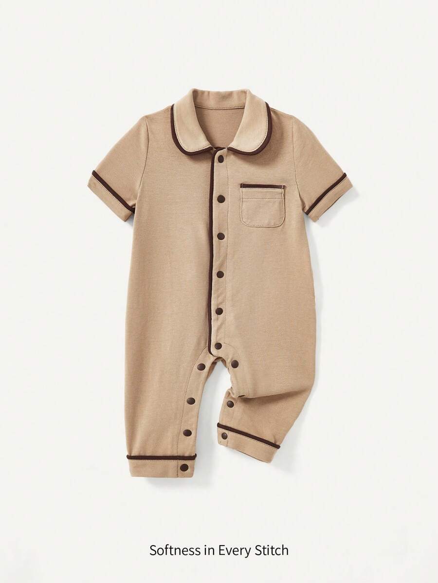 Cozy Pixies Bộ đồ liền thân tay ngắn phối màu cho bé trai sơ sinh có viền tương phản - Màu Khaki - Xem 1