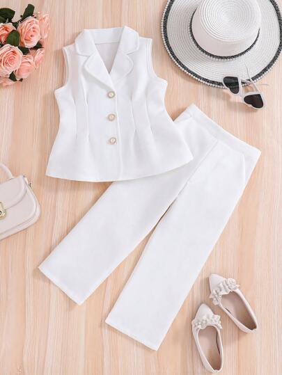 SHEIN Conjunto de pantalón y chaleco sin mangas estilo caballerosa para niñas jóvenes con cuello plano para primavera/verano