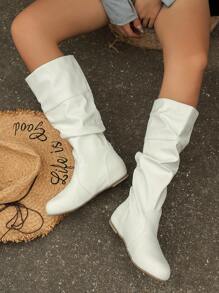 WRCVS Botas altas de mujer con puntera redonda, material de piel de poliuretano arrugado, decoración de moda, con interior con aumento de altura, decoración de hebilla, botas de montar