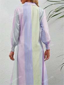 New Spring & Summer Color Block Striped Patchwork Single-Breasted Extra-Long Shirt Dress