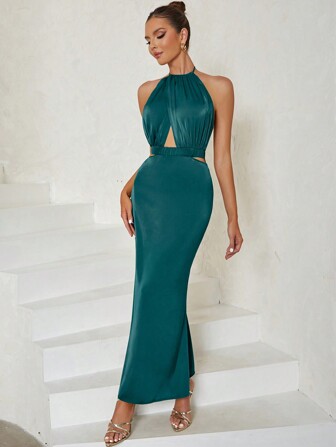 Minimalistisches, sexy rückenfreies, ärmelloses, ausgeschnittenes Meerjungfrau-Abendkleid aus Satin für Frauen