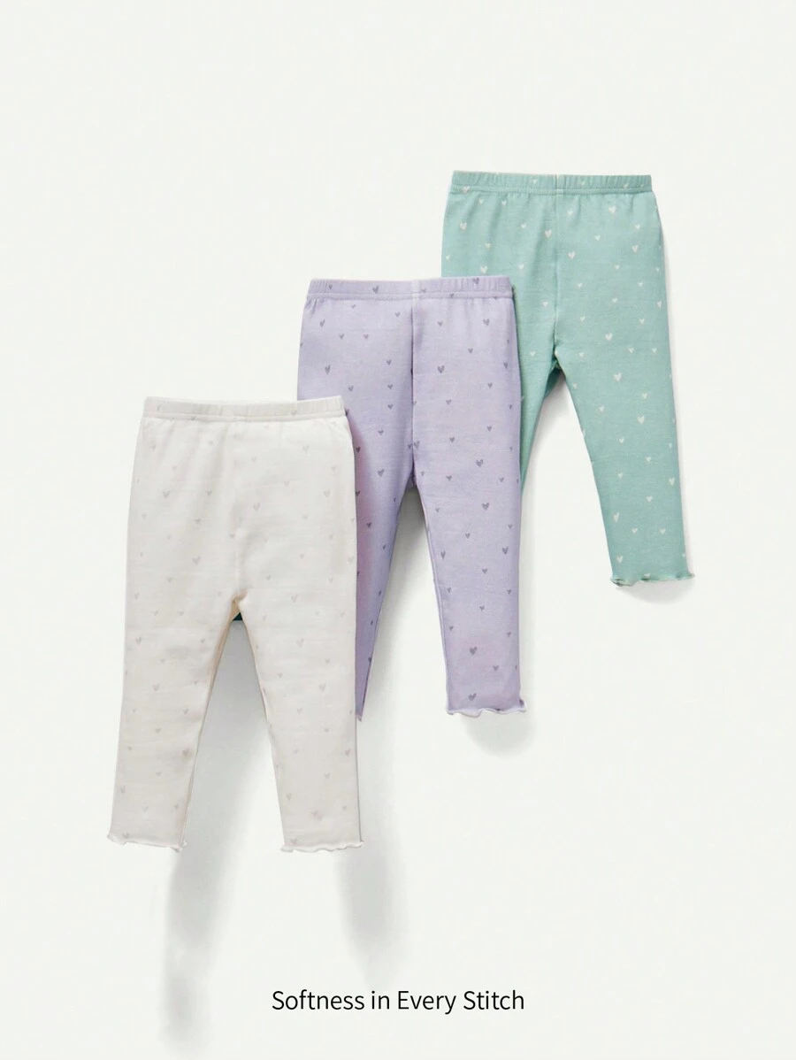 Cozy Pixies Baby Girl's Casual And Versatile Three-piece Knitted Soft Heart-shaped Printed Wavy Trousers Set - Multicolor - View 1