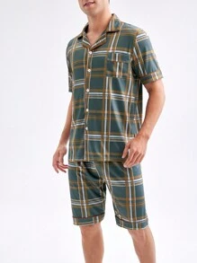 Men's Plaid Short Sleeve And Shorts Pajama Set - Army Green - View 5