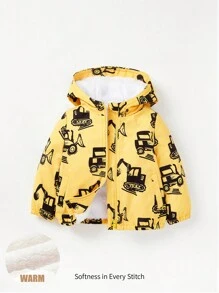 Cozy Pixies Baby Boys' Thickened Thermal Lined Hooded Jacket With Truck Pattern Printing, Suitable For Winter - Yellow - View 1