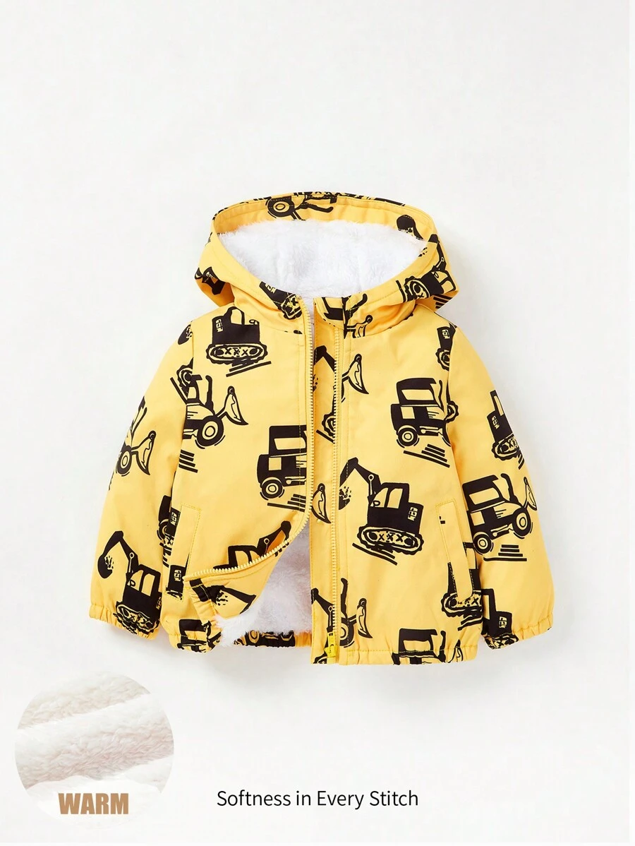 Cozy Pixies Baby Boys' Thickened Thermal Lined Hooded Jacket With Truck Pattern Printing, Suitable For Winter - Yellow - View 1