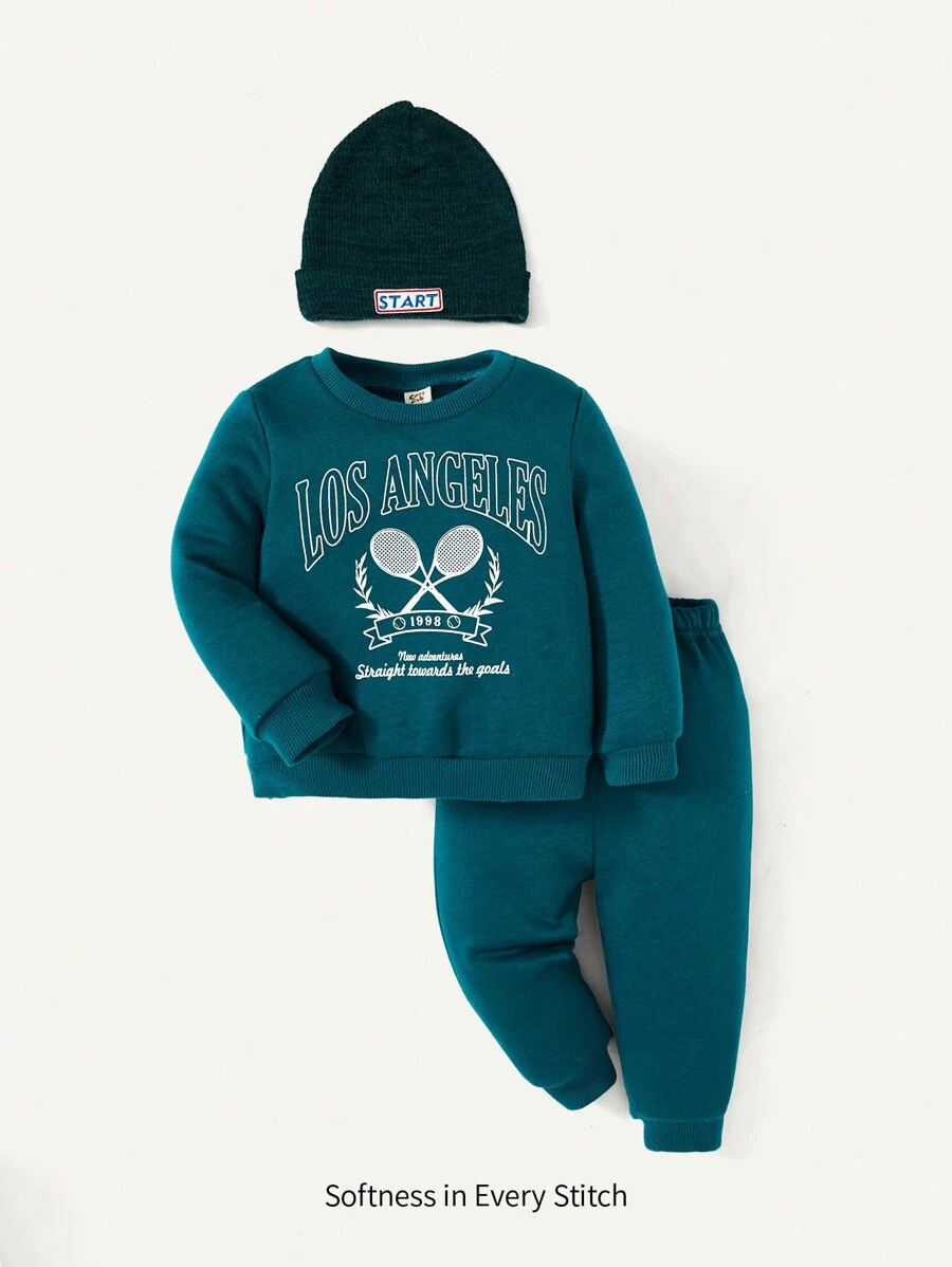 Cozy Pixies 男嬰網球拍和字母圖案衛衣和衛褲附帽子 - 綠色 - 查看 1