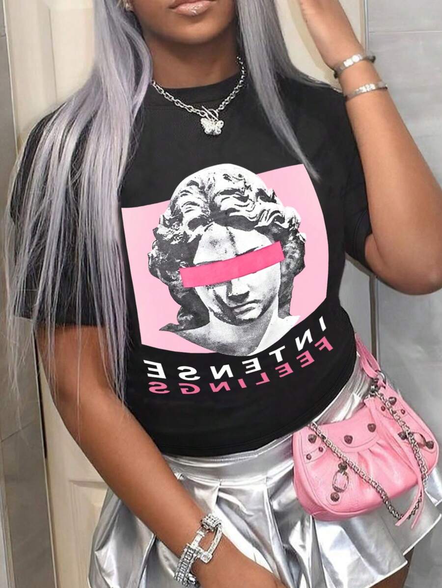 SHEIN 女士雕塑和字母印花短袖 T 恤图案 T 恤女士上衣 - 黑色 - 查看 1