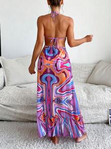 SHEIN Swim Damen Sommer Strand ganzflächiger Rückenfrei Bindung Tankini Badeanzug