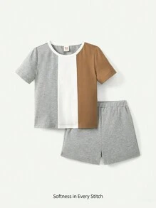 Cozy Pixies Baby Boys' Color Block Round Neck Pullover T-Shirt And Solid Color Shorts Set - Light Grey - View 1