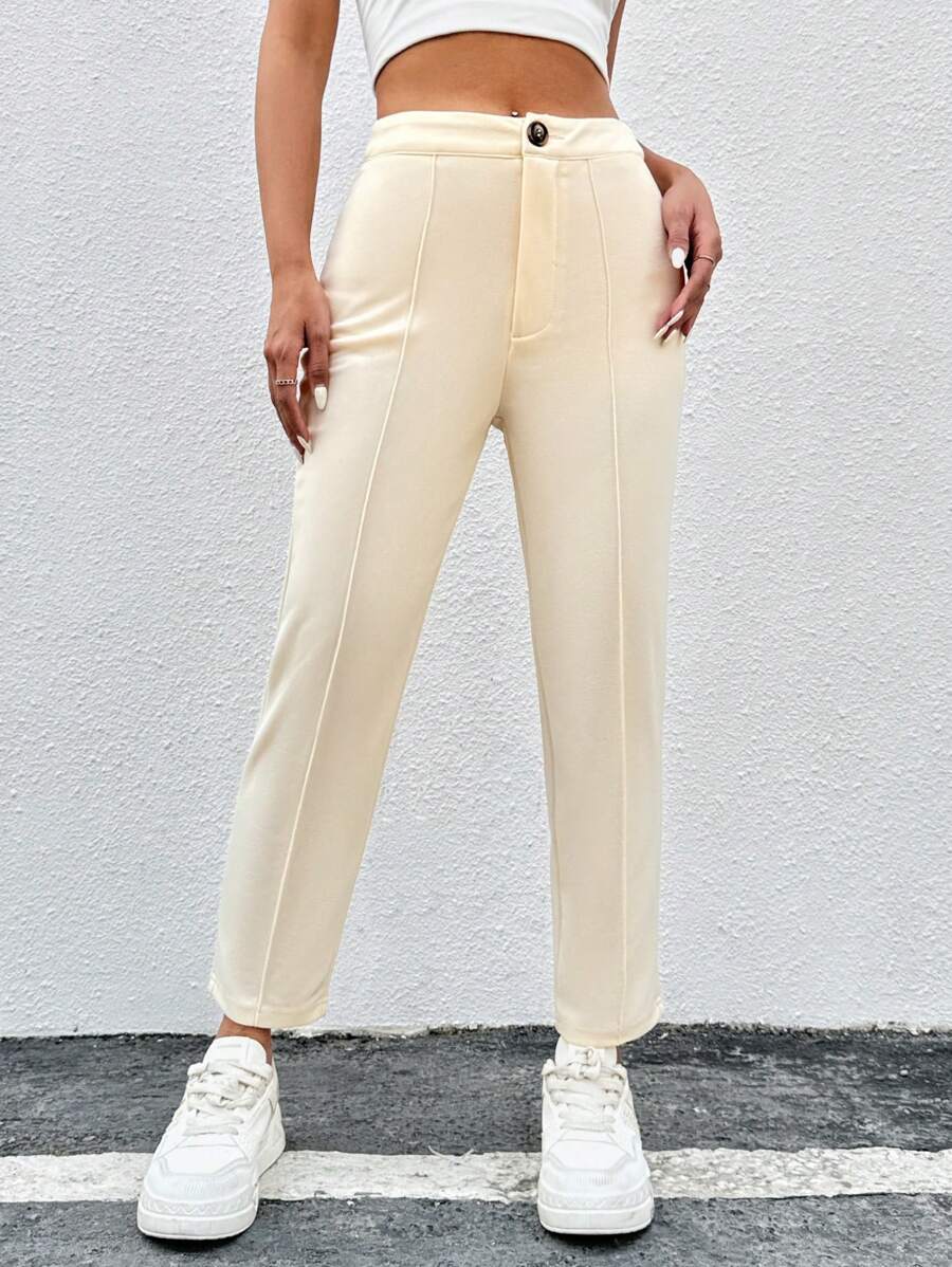 SHEIN PETITE Women's Solid Color Edging Decorated Long Pants - Beige - View 1