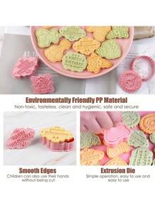 8pcs Happy Birthday Cookie Cutter,Balloon and Cake Shaped Cookie Stamp,Plastic 3D Cartoon Pressable Biscuit Mold DIY Cookie Stamp Kitchen Baking Accessories Pastry Bakeware - Pink - View 10