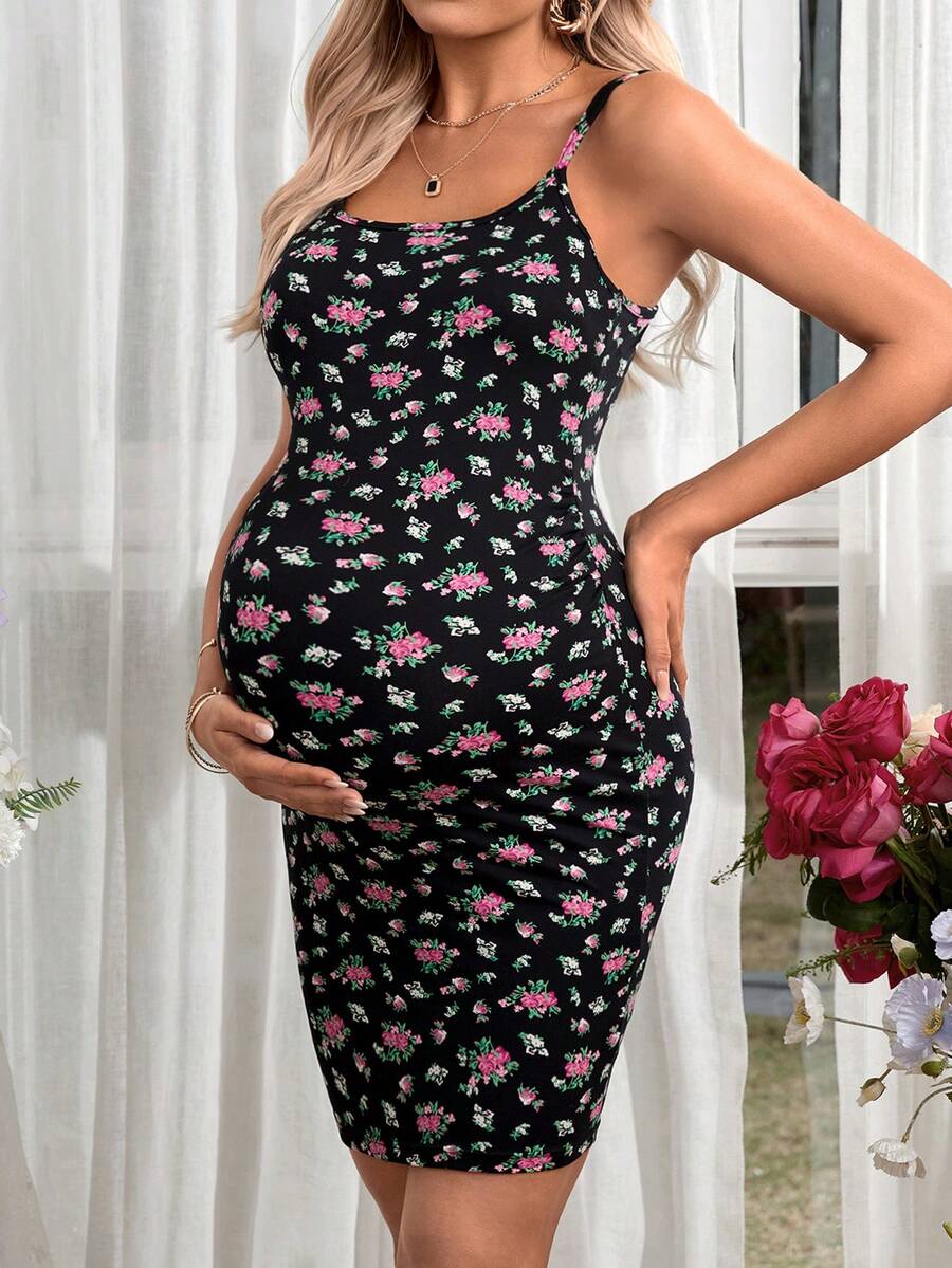 SHEIN Lãng mạn Ngày lễ Thai sản Dây đeo Mì Ý  Quần bó Ngắn Đầm In In hoa - màu đen - Xem 1
