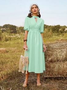 GENKIRA Mùa hè giản dị Thiết kế rỗng Váy chữ A Với Kẹp chặt Eo - màu xanh lá - Xem 5