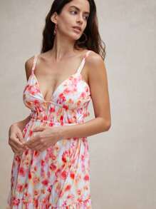 Anewsta Đầm Maxi hở lưng in họa tiết hoa buộc dây cho nữ - Màu Cam san hô - Xem 7