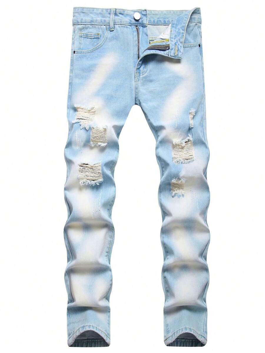 Men's Light Blue Ripped Straight-Leg Jeans - Light Wash - View 1