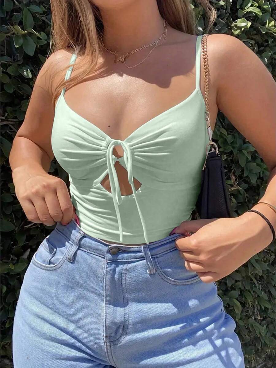 INAWLY Summer Casual Hollow Out Self-Tie Slim Fit Fashionable All-Match Camisole Top - Mint Green - View 1