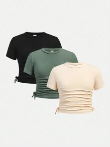 SHEIN Conjunto De 3 Camisetas De Punto Sólido Con Cuello Redondo Y Manga Corta Casual Fruncido Para Niñas Jóvenes