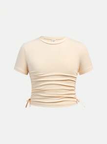 SHEIN Conjunto De 3 Camisetas De Punto Sólido Con Cuello Redondo Y Manga Corta Casual Fruncido Para Niñas Jóvenes