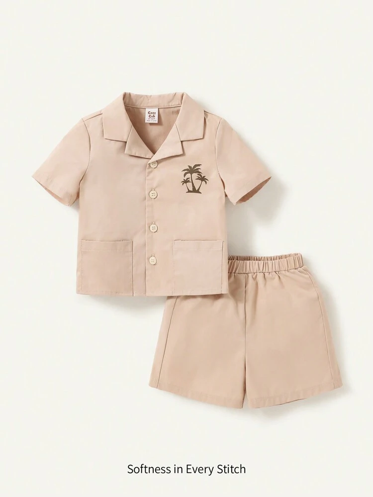 Baby Boy Coconut Tree Patterned Shirt Collared Short Sleeve Top And Casual Shorts Outfit Set