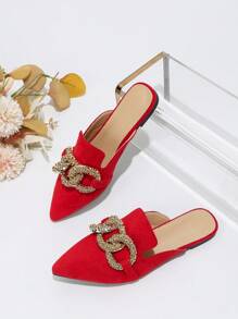 Fall/Winter Women's Elegant Flat Pointed Toe Red Suede Slip-On Mule With Large Metal Buckle, Spring/Summer Valentines - Red - View 5