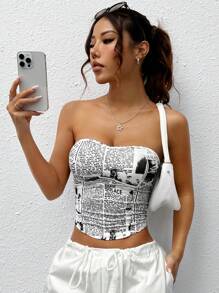 SHEIN EZwear 夏季休閒無肩帶報紙印花上衣 - 黑與白 - 查看 5