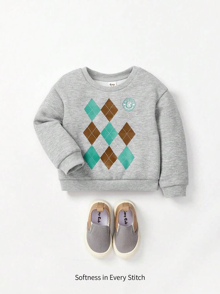 Baby Boy Grid Pattern Round Neck Oversized Sweatshirt