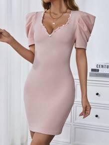 SHEIN Privé Women's Summer Scoop Neck Short Bubble Sleeve Slim Elegant Dress - Pink - View 1
