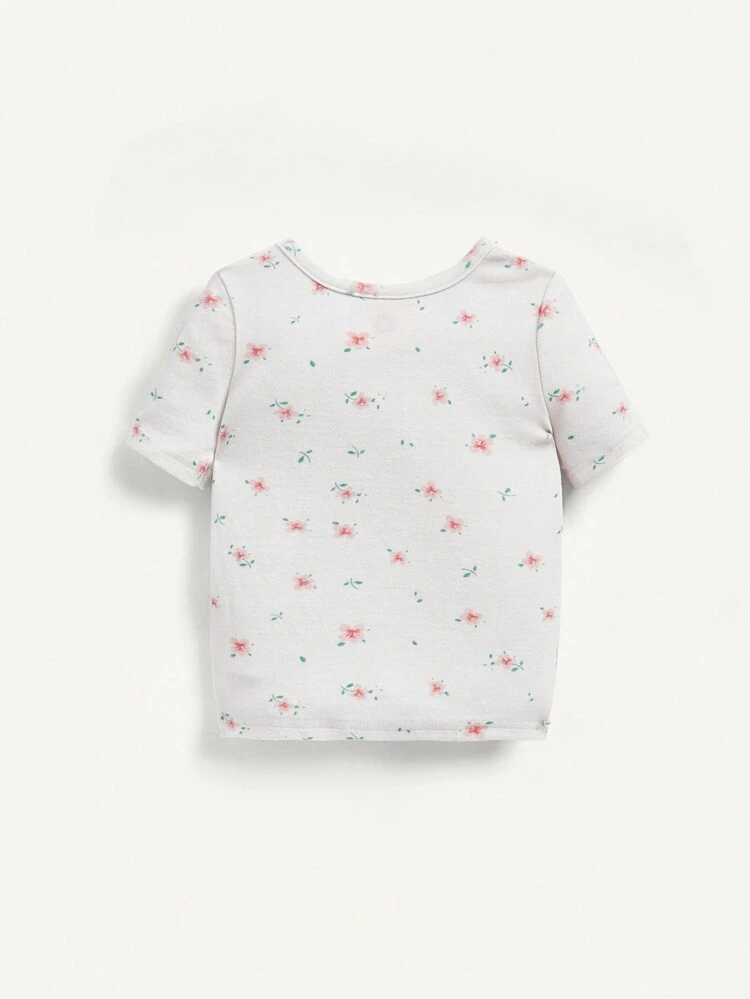 Baby Girl Snug Fit Solid Color Floral Pattern Short Sleeve Shorts Homewear Set 4pcs