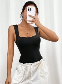 SHEIN PETITE Solid Scoop Neck Tank Black Bodysuit - Black - View 7