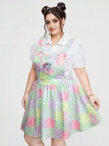 ROMWE Kawaii 加大碼女性蘑菇和卡通貓印花吊帶裙,蝴蝶結裝飾 - 彩色 - 查看 5