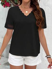 SHEIN Frenchy Mùa hè Kỳ nghỉ Lễ cưới Của phụ nữ Cong Cạnh Cổ chữ V Ren Vá lại Ngắn tay Áo thun , Ngắn tay Boho Dễ thương - màu đen - Xem 5