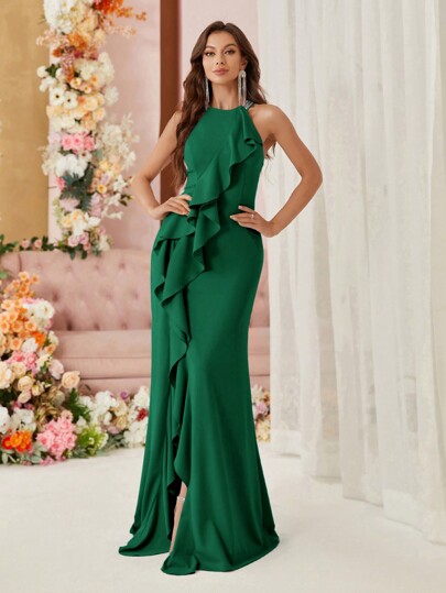 SHEIN Belle Women's Evening Dress With Exaggerated Ruffle, Mermaid And Front Split Design Formal Ball Gown For Women, Elegant Prom Wedding Guest Dress, For Graduation, Dinner Party Dress