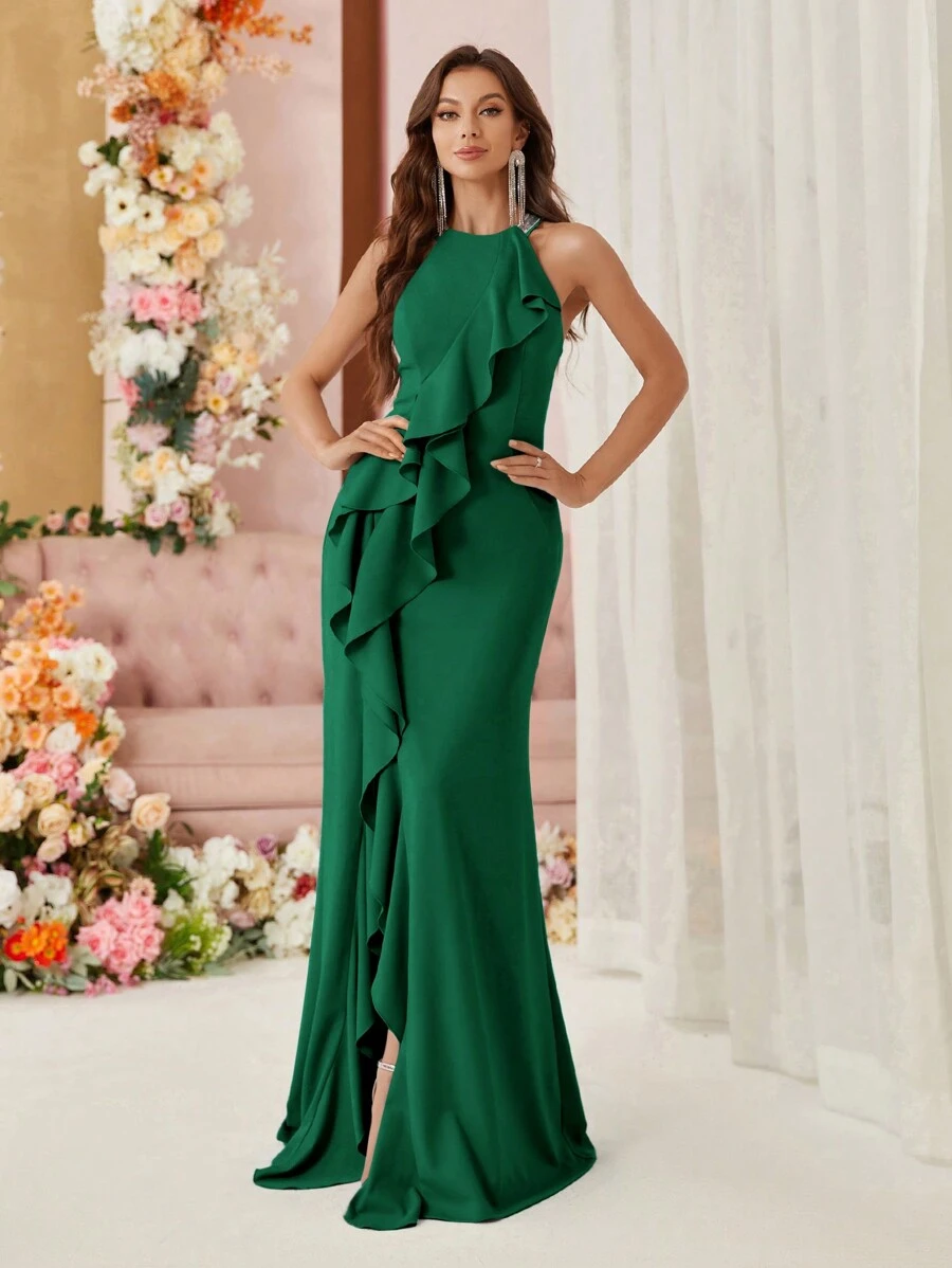 SHEIN Belle Váy dạ hội nữ có bèo nhún phóng đại, thiết kế đuôi cá và xẻ tà phía trước, váy dạ hội trang trọng cho nữ, váy dự tiệc cưới thanh lịch, váy tốt nghiệp, váy dự tiệc tối - Màu xanh lá cây đậm - Xem 1