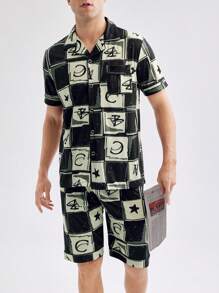 Men's Checkered Pattern Letter Print Short Sleeve Shirt And Shorts Homewear Set - Black - View 3