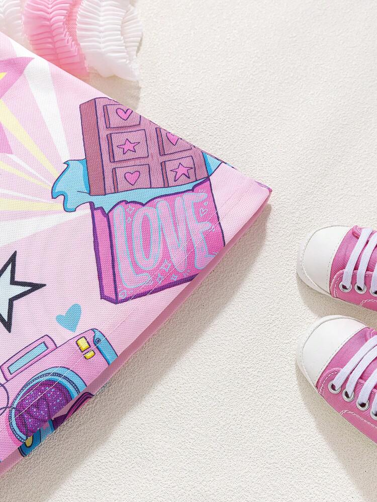 Baby Girl Sweet And Lovely Mesh Spliced Cartoon Printed Short Sleeve Round Neck Dress For Summer