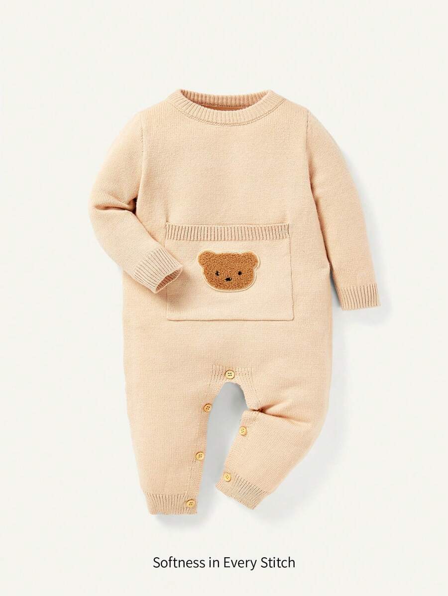 男嬰小熊刺繡前口袋針織連身褲 - 杏色 - 查看 1