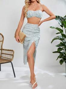 SHEIN Tall 女款花卉印花短版吊帶上衣和抽繩褶皺開衩大腿裙 2 件/套 - 藍色 - 查看 4