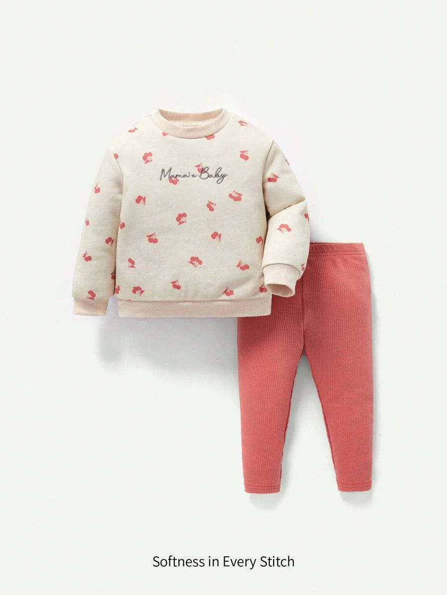 Cozy Pixies 女嬰字母和櫻桃印花套頭衫和緊身打底褲