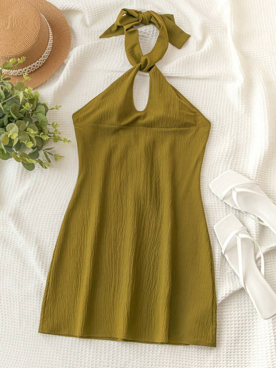 Soleia Women's Casual Vacation Halter Neck Cutout A-Line Dress, Backless Bow Tie Dress - Green - View 1