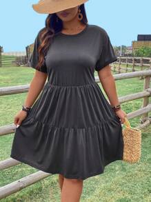 SHEIN LUNE Plus Size Summer Solid Color Short Sleeve Casual Dress - Dark Grey - View 5
