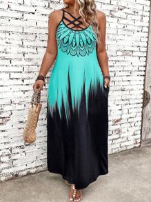 SHEIN LUNE 大码女式夏季印花细肩带长连衣裙 - 彩色 - 查看 3