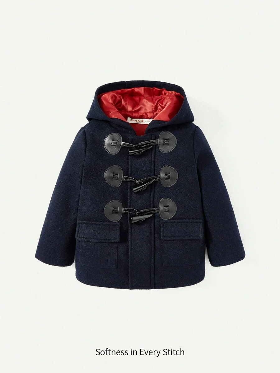 Cozy Pixies Baby Boy Flap Pocket Duffle Button Hooded Overcoat - Navy Blue - View 1