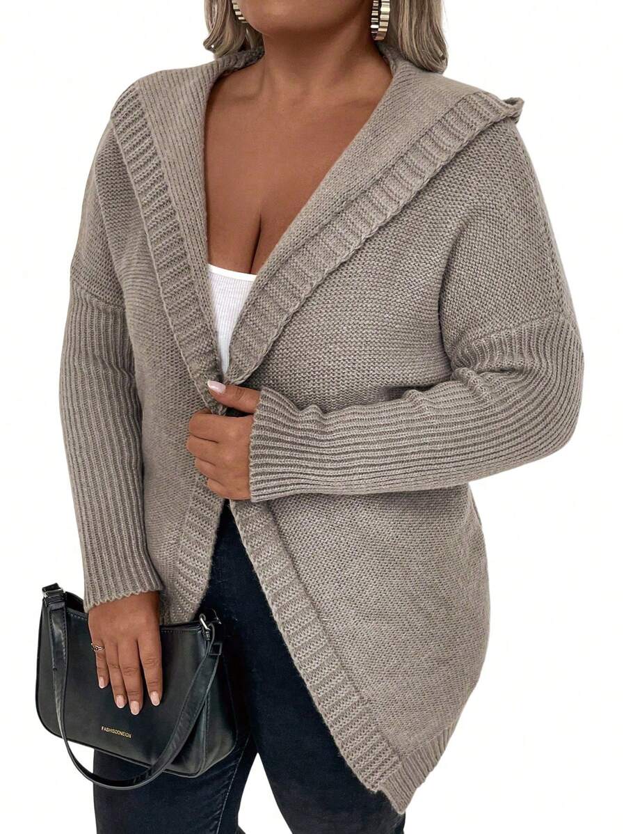 SHEIN LUNE Cárdigan Con Capucha De Talla Grande De Color Liso - Caqui - Ver 1