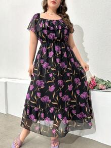 Mulvari 大码女式时尚短袖紫色碎花连衣裙女装，适合夏季 - 黑色 - 查看 3