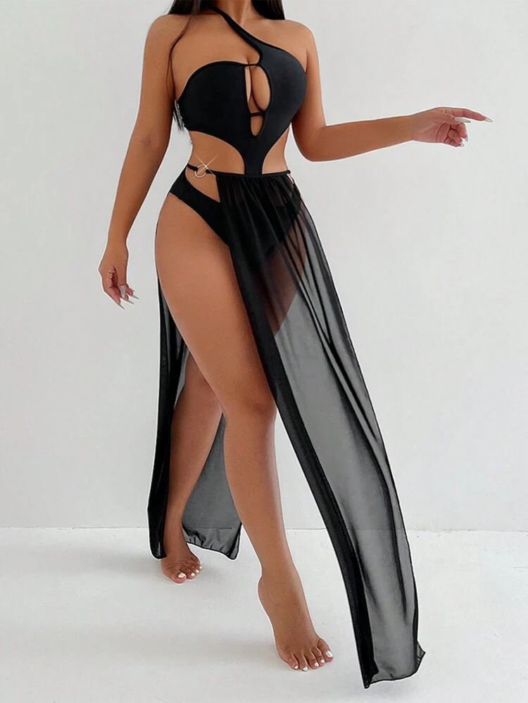 Women's Plain Hollow Out Asymmetrical Neckline One-Piece Swimsuit And Sheer Split Thigh Skirt Set Summer