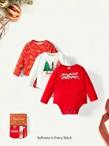 Baby Boy 3pcs Christmas Print Gift Box Bodysuit - White - View 5