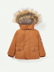 Baby Boy Fuzzy Trim Hooded Thermal Lined Parka Coat Without Tee - Brown - View 4