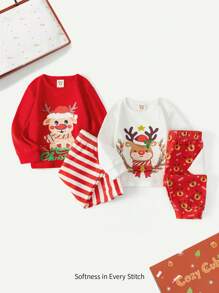 Baby Girl 2pcs Christmas Print Tee & 2pcs Striped Pants