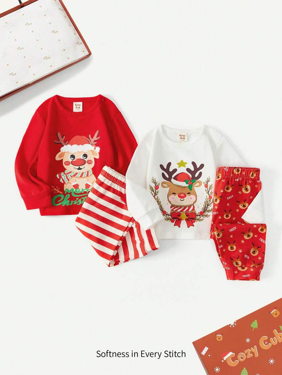 Baby Girl 2pcs Christmas Print Tee & 2pcs Striped Pants